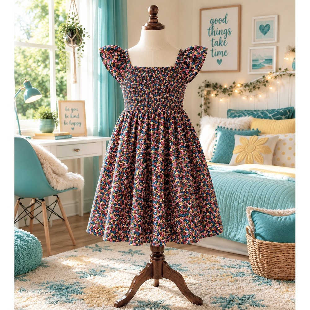 Charlotte by Capo Girls Floral Smocked Dress Puff Sleeve Rayon Size Medium 10-12